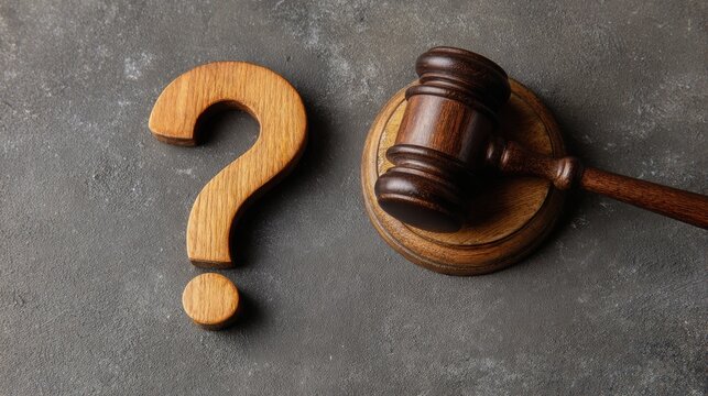 wooden gavel and a question mark on a table, representing the legal concept