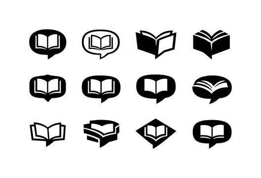 Book review. Icon set. Set Logo of Book review: speech bubble with book. harmonious logo variations of the same emblematic concept, each with
