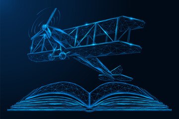 Digital flight of knowledge. A biplane taking off from an open book. The concept symbolizes the power of education, imagination, technological learning and moving forward. © Ilya