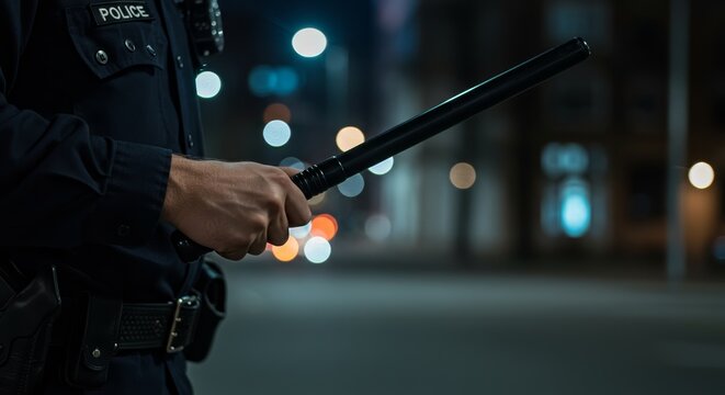 Police officer holding a baton at night on urban street, blurred background