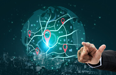 Fototapeta premium Concept of location tracking and GPS navigation. Map with pins marking a destination and points of interest for travel, delivery routes, or finding a specific address. Fermion