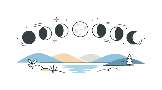 Lunar phases concept. The moon shown in different phases above a calm landscape, suggesting cycles, balance, and inner reflection. Soft