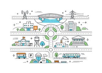Public infrastructure plans. A clean top-down plan showing roads, bridges, utilities, and public buildings connected in an orderly layout.