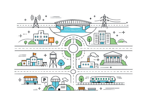Public infrastructure plans. A clean top-down plan showing roads, bridges, utilities, and public buildings connected in an orderly layout.