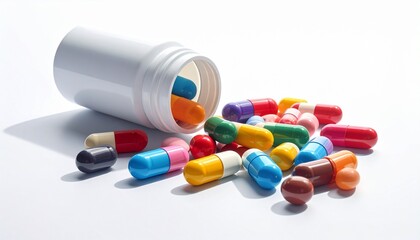 "Digital illustration of tipped white pill bottle spilling colorful capsules and tablets onto white surface, varied shapes and colors including red, blue, yellow, green, orange, symbolizing pharmaceut