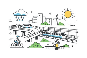 Obraz premium Sustainable transport infrastructure adaptation. A simplified cityscape with elevated roads, protected rail lines, and climate symbols like