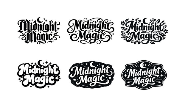 Midnight Magic. Set lettering. harmonious lettering variations of the same emblematic concept, each with different artistic interpretation