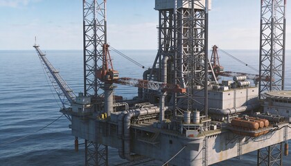 Offshore Oil Rig with Equipment and Structures on Calm Ocean