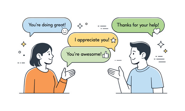 Positive feedback exchange. Two people calmly sharing kind messages through speech bubbles. Trust, appreciation and constructive