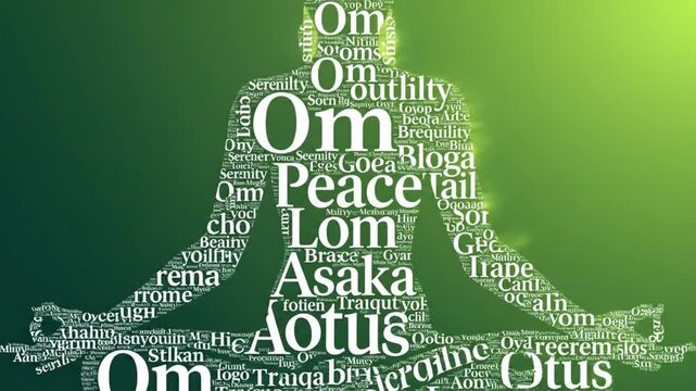 Meditating person silhouette made of spiritual words on green background