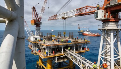 Offshore Oil Platform Operations with Workers and Cranes at Sea
