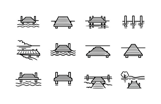 Lakeside dock. Line icon set of Lakeside dock: dock over water, calm lake dock, dock reflection, dock posts in water, dock shoreline, dock