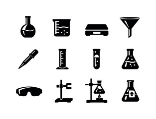 Obraz premium Scientific Experiment Tools. Solid icon set of Scientific Experiment Tools: volumetric flask, lab beaker, digital scale, glass funnel,