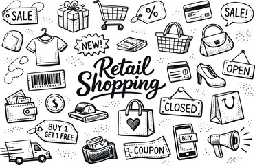Naklejka premium Retail store shopping icons, hand drawn doodle elements set, center hand-lettered title, black & white vector line art, bold