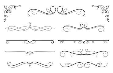 Fototapeta premium Vector collection of elegant swirling line designs with leaf accents