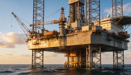 Oil Rig in Ocean at Sunset with Clear Sky and Industrial Setup