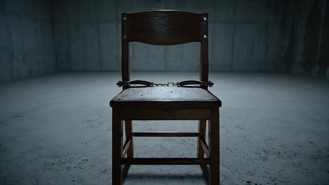 A desolate chair with handcuffs in a stark, concrete room, symbolizing grim justice and severe punishment for crime; an unsettling echo of the electric chair's ultimate consequence