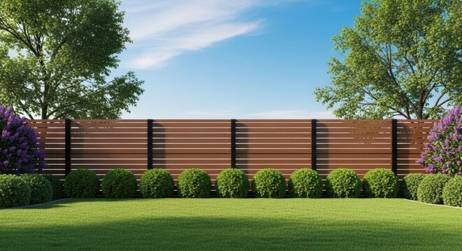 Modern wood fence separates backyard lawn. Green trees rise above private garden barrier. Round trimmed bushes, purple lavender plants line property edge. Sunny day provides calm outdoor look