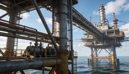 Oil Platform at Sea Against Blue Sky and Water with Pipes and Structures