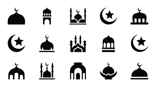 Ramadan festival logo bundle featuring black silhouettes of mosques crescent moons and stars on white background for islamic holiday celebrations