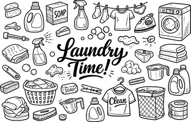 Laundry Supplies Doodle. Clothes washing laundry supplies, hand drawn doodle elements set, center hand-lettered title, black &