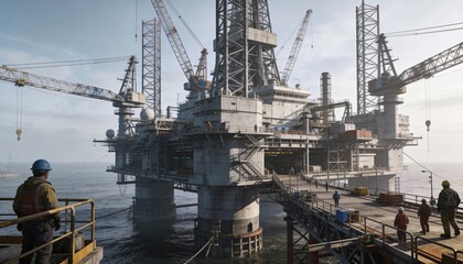 Offshore Oil Rig with Workers and Machinery under Clear Sky