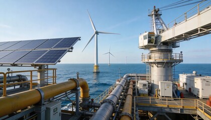 Fototapeta premium Offshore renewable energy installation with wind turbines and solar panels