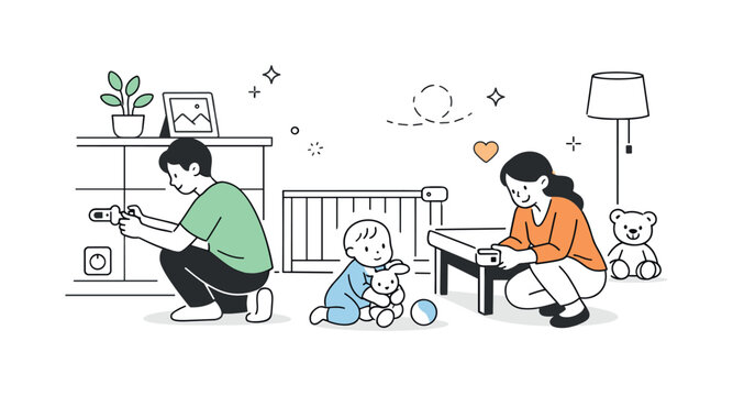 Calm Childproofing Design. Childproofing home design. Parents adjusting furniture and safety locks while a toddler explores nearby, calm and caring atmosphere.