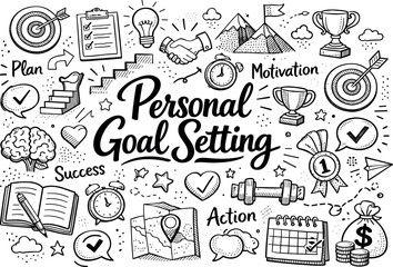 Personal goal setting concept, hand drawn doodle elements set, center hand-lettered title, black & white vector line art, bold