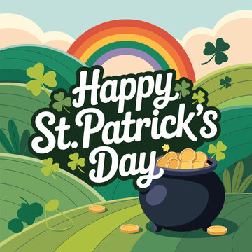Happy st patrick s day wishes with rainbow pot of gold and lucky four leaf clover