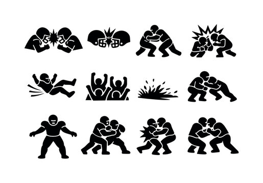 Game Day Collision. Solid icon set of Game Day Collision: player impact, helmet clash, body check, force lines, explosive hit, falling