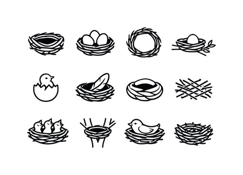 Bird Nest Icons. Nest. Line icon set of Nest: bird nest, egg in nest, twig circle, nest on branch, hatching egg, feather in nest, cozy nest shape, straw