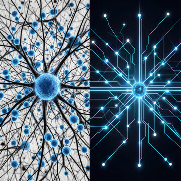 Comparaison visuelle entre r&eacute;seau neuronal biologique et r&eacute;seau d&rsquo;intelligence artificielle