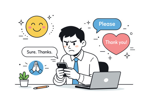 Polite Frustration. Passive aggressive behavior. An editorial-style scene of a coworker sending a short message while exaggerated politeness icons float