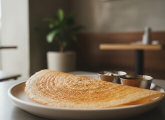 Golden Plain Dosa on White Plate with Chutney Dip