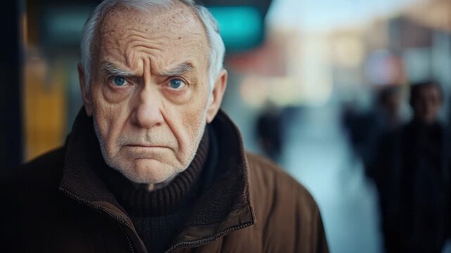 Elderly man stands in city street with a serious expression while people walk by