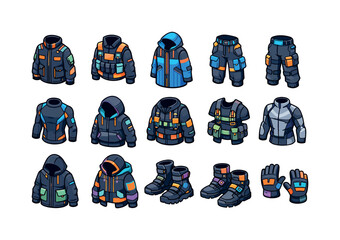 Techwear outfits. Colorful isometric vector icons set of Techwear outfits: tactical jacket, modular vest, waterproof shell coat, multi pocket