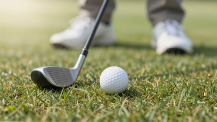 Golf swing action on green grass field