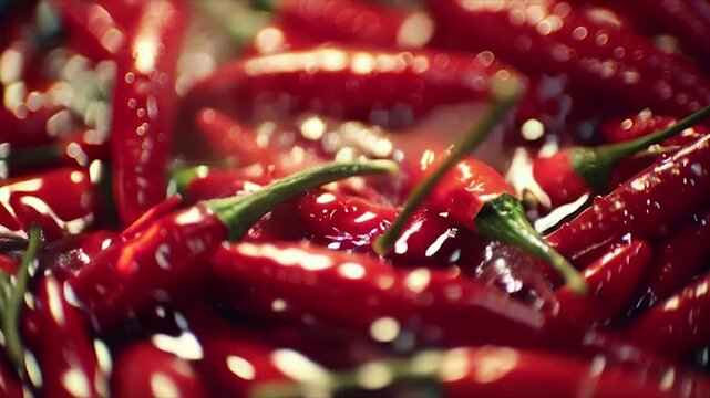 Close-up of Fresh Red Chili Peppers with Water Droplets.