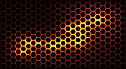 Honeycomb seamless glowing fire pattern. Bright orange and yellow illuminated hexagonal grid on black. Vector futuristic design with fiery light effect for wallpapers, sci-fi textures, backgrounds