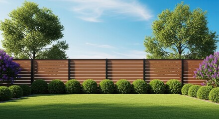 Obraz premium Modern wooden privacy fence surrounded by wellmaintained green lawn and shrubs under clear blue sky