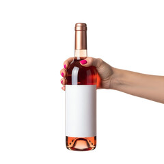 A hand holding a bottle of rose wine with a blank label