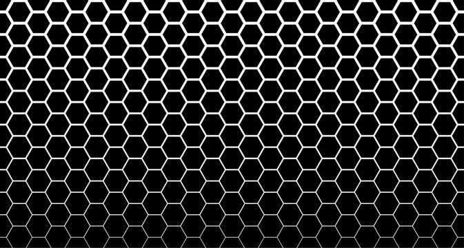 Honeycomb gradient hexagon seamless pattern. White hexagonal grid on black background with fading gradient effect. Vector geometric texture for backgrounds, wallpapers, and digital graphic design