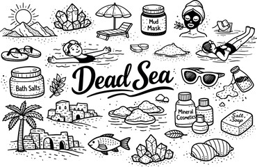 Fototapeta premium Dead Sea scenic icons, hand drawn doodle elements set, center hand-lettered title, black & white vector line art, bold clean
