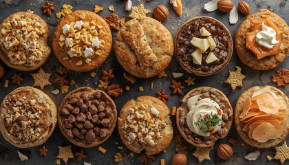 A delicious assortment of pies and pastries with various toppings and fillings