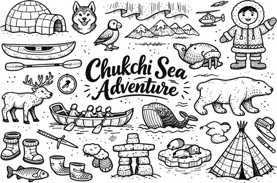 Chukchi Sea travel vibes, hand drawn doodle elements set, center hand-lettered title, black & white vector line art, bold clean