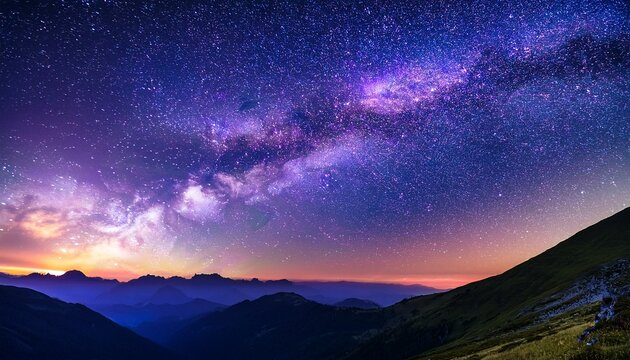 Purple Night Sky Stars Milky Way Galaxy Across Mountains Starr