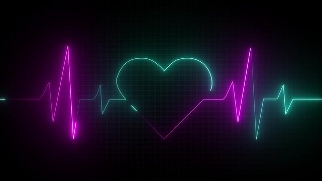 Neon glowing love heart with 4 plus 1 equals love equation in vibrant electric light on dark background for Valentine romance tech concept