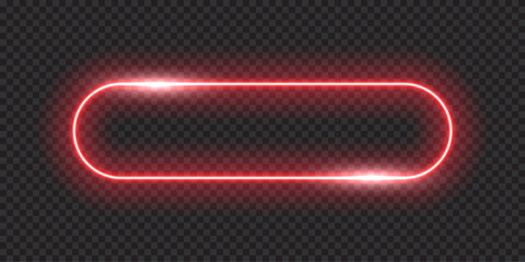 Neon glow light rounded rectangle frame. Led rectangular game button. Red light outline on transparent with soft luminous effect. Futuristic UI element. Modern colorful geometric vector illustration. © backup16