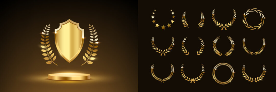 Gold award podium with laurel wreath, shield and set of different golden laurel wreaths. Luxury templates for product presentation, winner ceremony. Elegant glamour vector illustration.